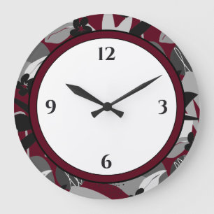 Burgundy Black & White Modern Blommigt Gräns Stor Klocka