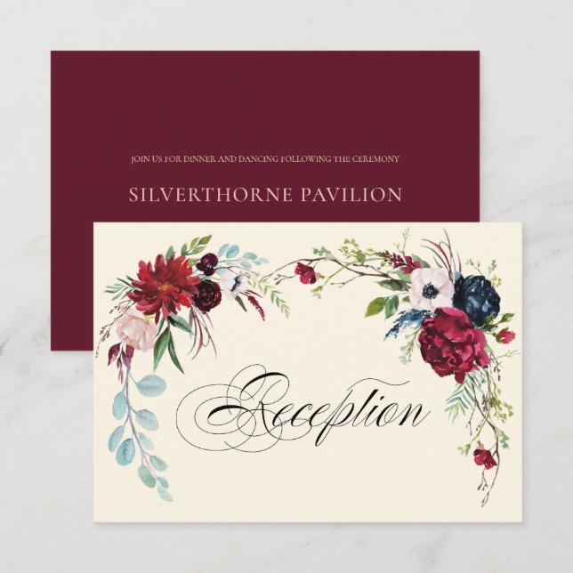 Burgundy | Blått Blommigt-bröllopskort Inbjudningar (Fram/baksida)