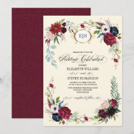 Burgundy | Blått Blommigt, vattenfärg Bröllop Inbjudningar