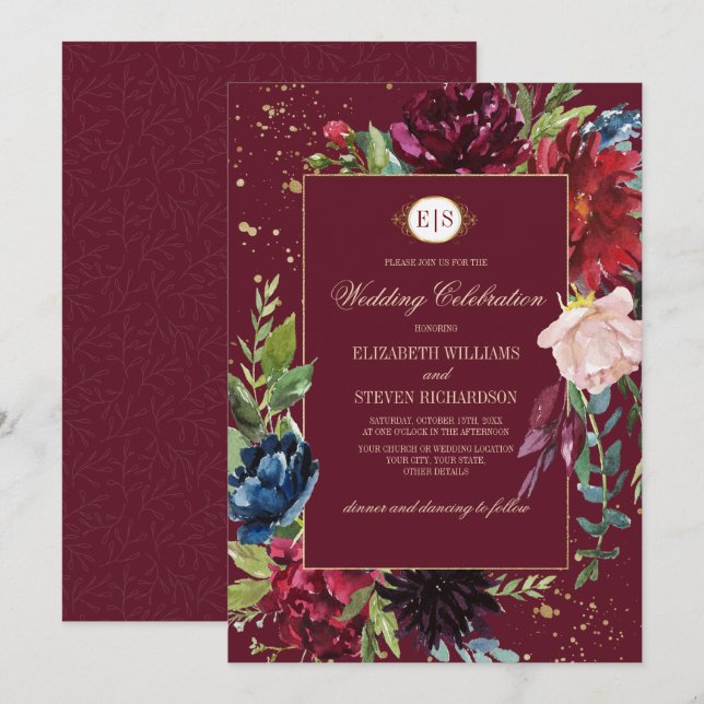 Burgundy | Blått Blommigt, vattenfärg Bröllop Inbjudningar (Fram/baksida)