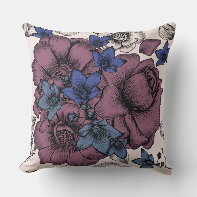 Burgundy/blått/den solbrända blommigten kudder kudde (Framsida)