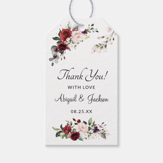 Burgundy Bliss Blommigt Wedding Favor Tack Presentetikett (Framsidan)