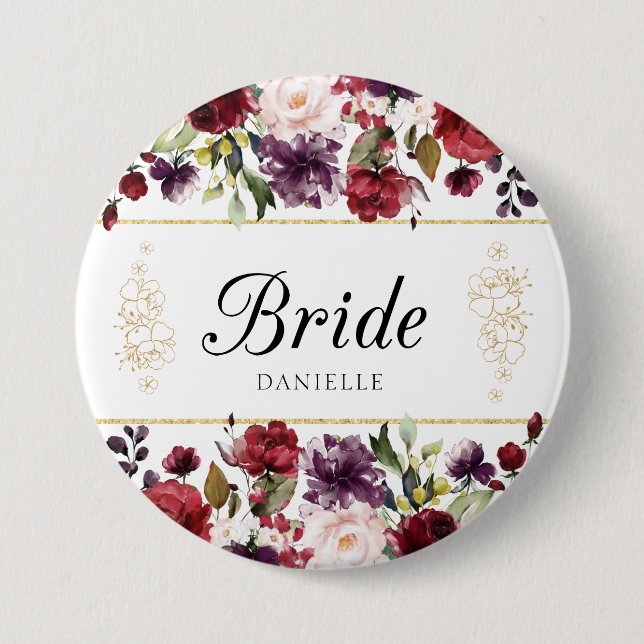 Burgundy Bliss Loely Blommigt Bride Monogrammed Pi Knapp (Framsida)