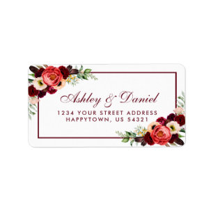 Burgundy blom- Boho bröllopadress Adressetikett