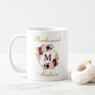 Burgundy blom- guld- brudtärnaMonogram Kaffemugg