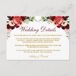 Burgundy Blommig Boho Bröllopsdetaljer Infogningsk Tilläggskort