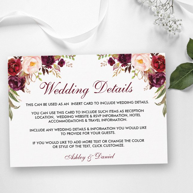 Burgundy Blommig Bröllopsdetaljer Infogning Kort W (Customize to change text size, style, color or to add more text to back of card.)