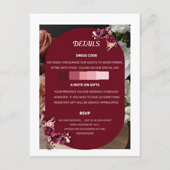 Burgundy Blommig Bröllopsdetaljer RSVP Bilaga (Framsida)