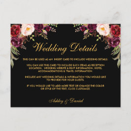 Burgundy Blommig Bröllopsdetaljer Svart Infognings Vykort