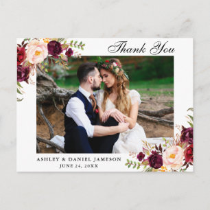 Burgundy Blommig Bröllopsfoto Tack Vykort