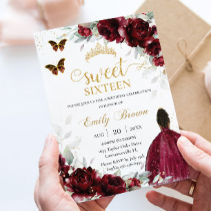 Burgundy Blommig Brun Prinsessa Sweet Sixteen 16 Inbjudningar