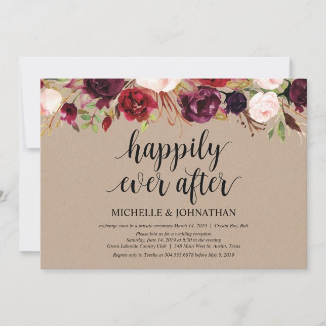 Burgundy Blommig Elopement Mottagning Kraft Inbjud Inbjudningar (Framsida)