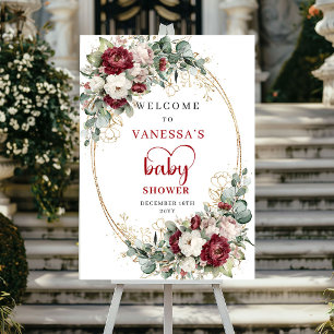 Burgundy Blommig Eukalyptus Guld Baby Shower Välko Poster