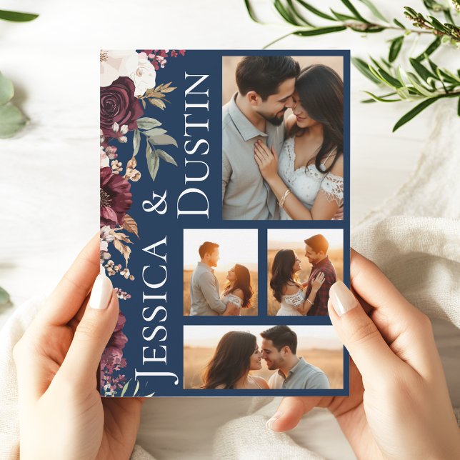 Burgundy Blommig Fotokollage Marinblå Bröllop Inbjudningar (Modern Burgundy Navy Blue Photo Collage Wedding Invitation)