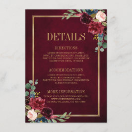 Burgundy Blommig Guld Marinblå Bröllopsdetaljer En Tilläggskort