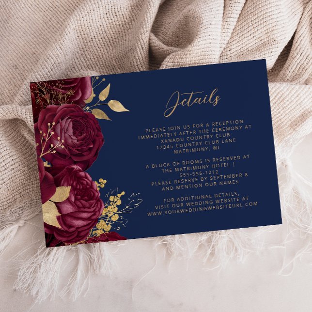 Burgundy Blommig Guld Script Marin Bröllopsdetalje Tilläggskort (Skapare uppladdad)