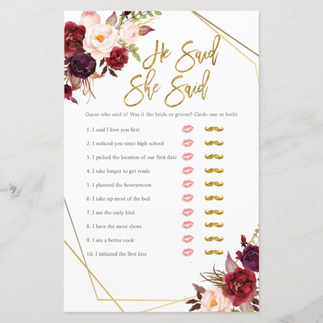 Burgundy blommig han sa hon sa spelkort (Framsida)