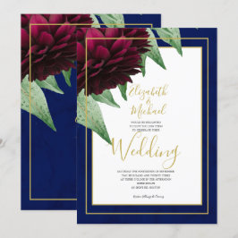 Burgundy Blommig Marin Guld Elegant Chic Bröllop Inbjudningar
