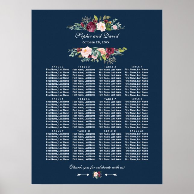 Burgundy Blommig Marinblå Bröllopsställningsdiagra Poster (Framsidan)