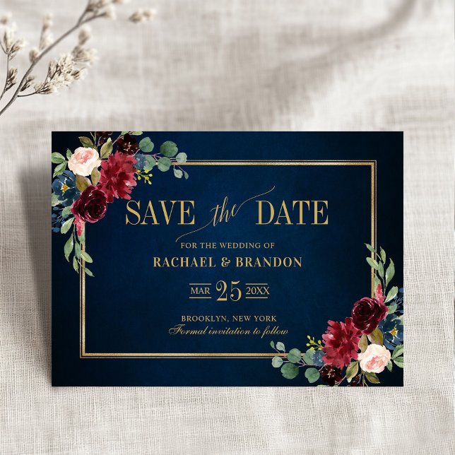 Burgundy Blommig Marinblå Guld Ram Spara Datum (Burgundy Red Floral Navy Blue Gold Frame Save the Date)