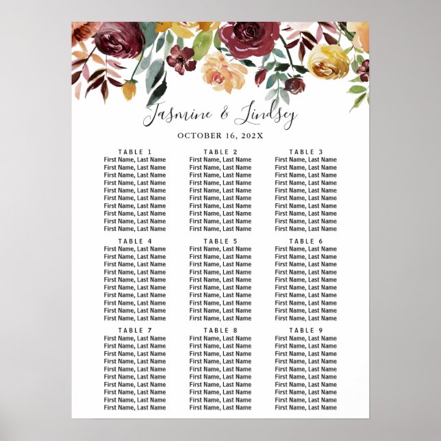 Burgundy Blommig Nio Bord Bröllop Platsindelning P Poster (Framsidan)