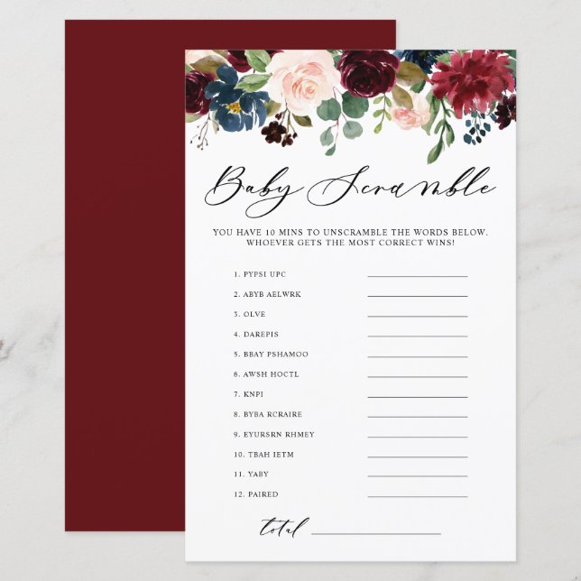 Burgundy Blommig Ordspridning Baby Shower Spel (Fram/baksida)