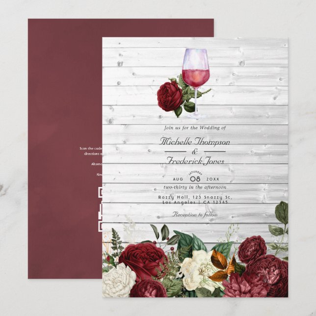 Burgundy Blommig QR-kod RSVP Vinprovning Bröllop Inbjudningar (Fram/baksida)