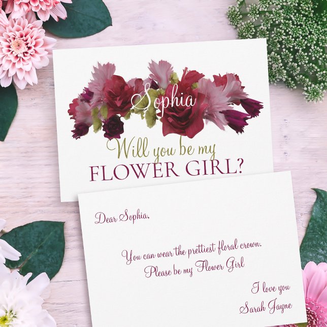Burgundy Blommig Var Min Brudtjänst Brudtärna Inbjudningar (Will you be my Flower Girl card with space for your Flower Girl proposal message)