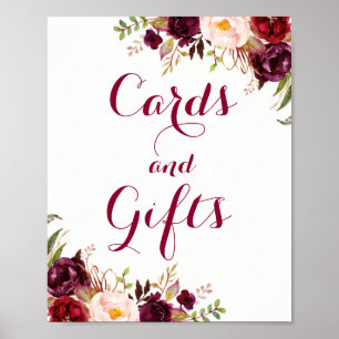 Burgundy Blommiga Kort Och Gåvor Bröllopsaffisch Poster