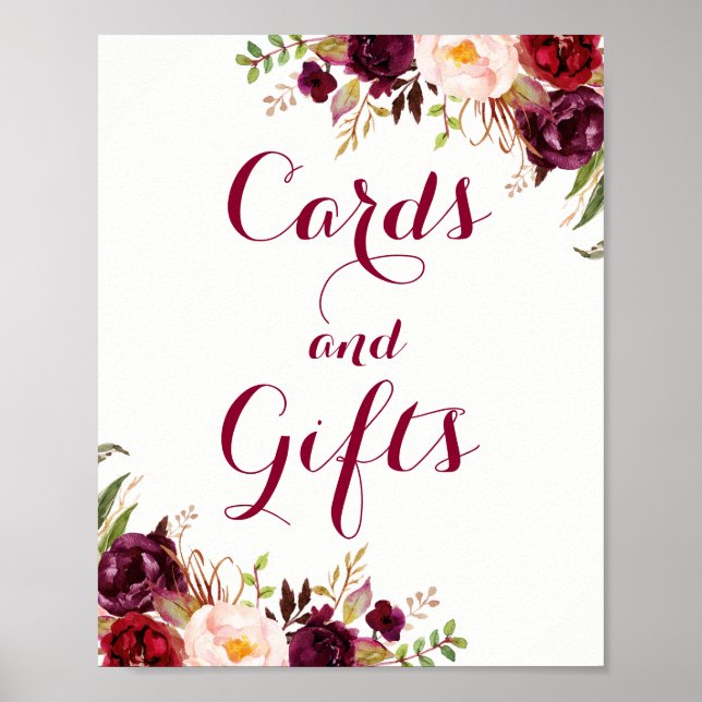Burgundy Blommiga Kort Och Gåvor Bröllopsaffisch Poster (Framsidan)