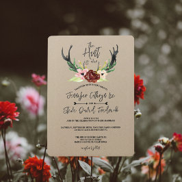 Burgundy Blommigt Antler Boho Hunt är över Bröllop Inbjudningar