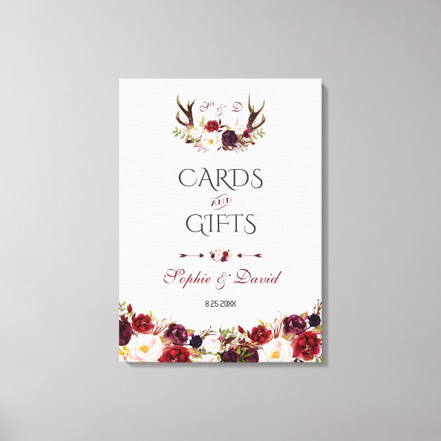 Burgundy Blommigt Antlers Cards & Gifts Bröllop Canvastryck (Framsida)