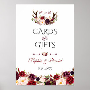 Burgundy Blommigt Antlers Cards & Gifts Bröllop Poster