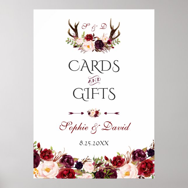 Burgundy Blommigt Antlers Cards & Gifts Bröllop Poster (Framsidan)