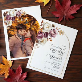 Burgundy Blommigt Arch Guld | Autumn Photo Bröllop Inbjudningar