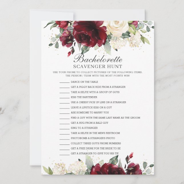 Burgundy Blommigt Bachelorette Scavenger Hunt Game Inbjudningar (Framsida)