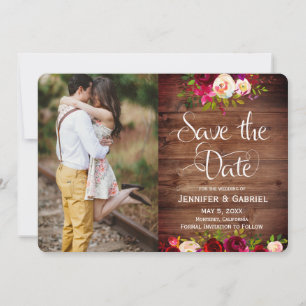 Burgundy Blommigt Barn Wood Save Date Photo Spara Datumet