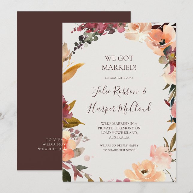 Burgundy-Blommigt | Beige Elopement Notice Inbjudningar (Fram/baksida)