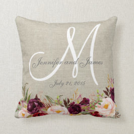 Burgundy Blommigt Beige Linen Monogram Bröllop Kudde