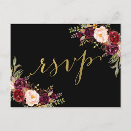 Burgundy Blommigt Black Faux Gold Foil Bröllop OSA Inbjudan Vykort