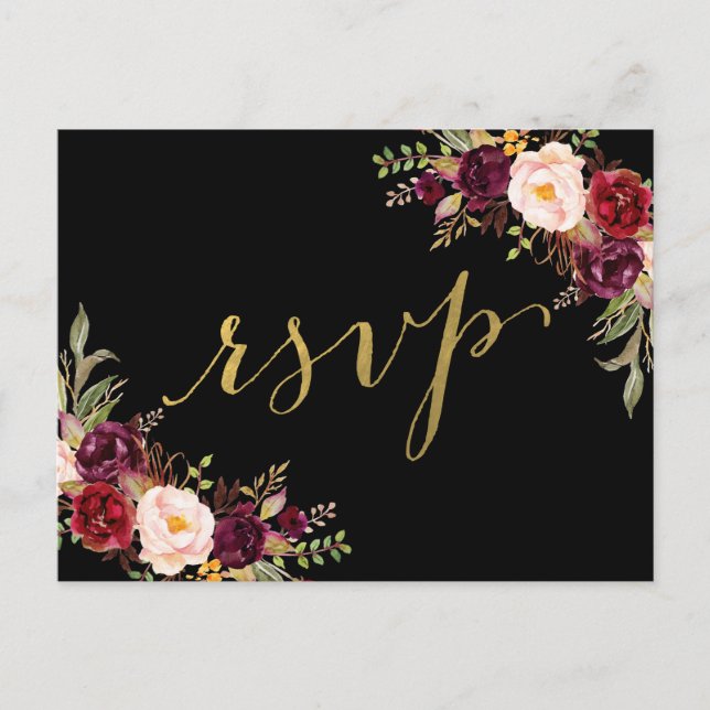 Burgundy Blommigt Black Faux Gold Foil Bröllop OSA Inbjudan Vykort (Framsida)