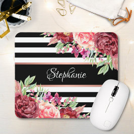 Burgundy Blommigt Black Rand Monogram Namn Musmatta