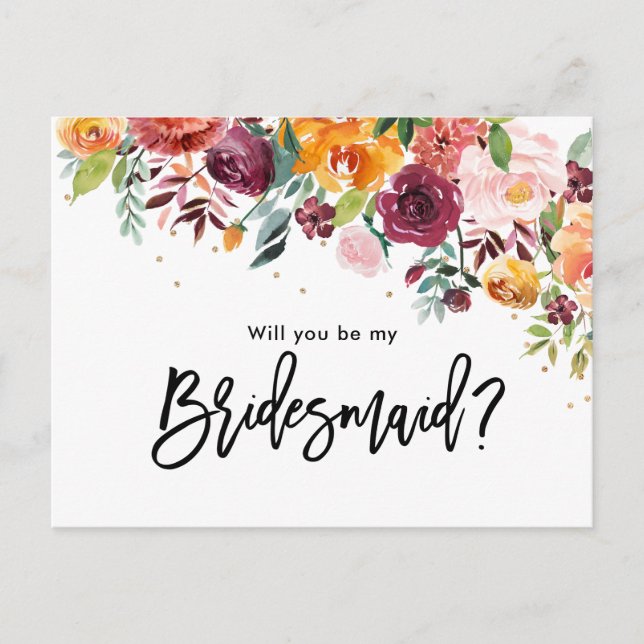 Burgundy  Blommigt blir du min bridesmaid Inbjudan Vykort (Framsida)