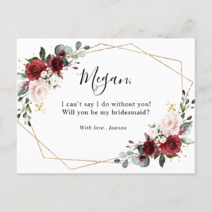 Burgundy Blommigt blir du min bridesmaid Vykort