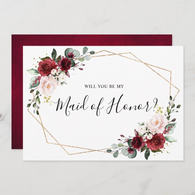 Burgundy  Blommigt blir du min Maid of honor Inbjudningar (Fram/baksida)