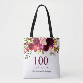 Burgundy Blommigt Boho 100:e Födelsedagsfesten Tygkasse