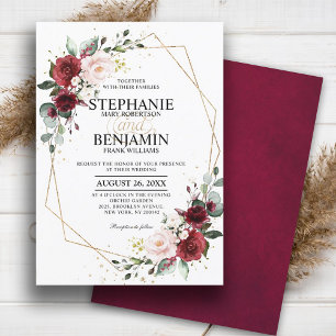 Burgundy Blommigt boho Geometric chic bröllop Inbjudningar