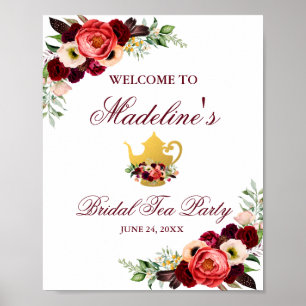 Burgundy Blommigt Boho Möhippa Tea Party Välkommen Poster