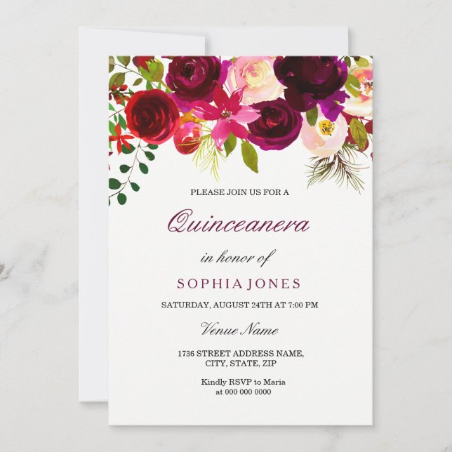 Burgundy Blommigt Boho Quinceanera-inbjudan Inbjudningar (Framsida)