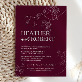 Burgundy Blommigt Botanical Boho Simple Bröllop Inbjudningar